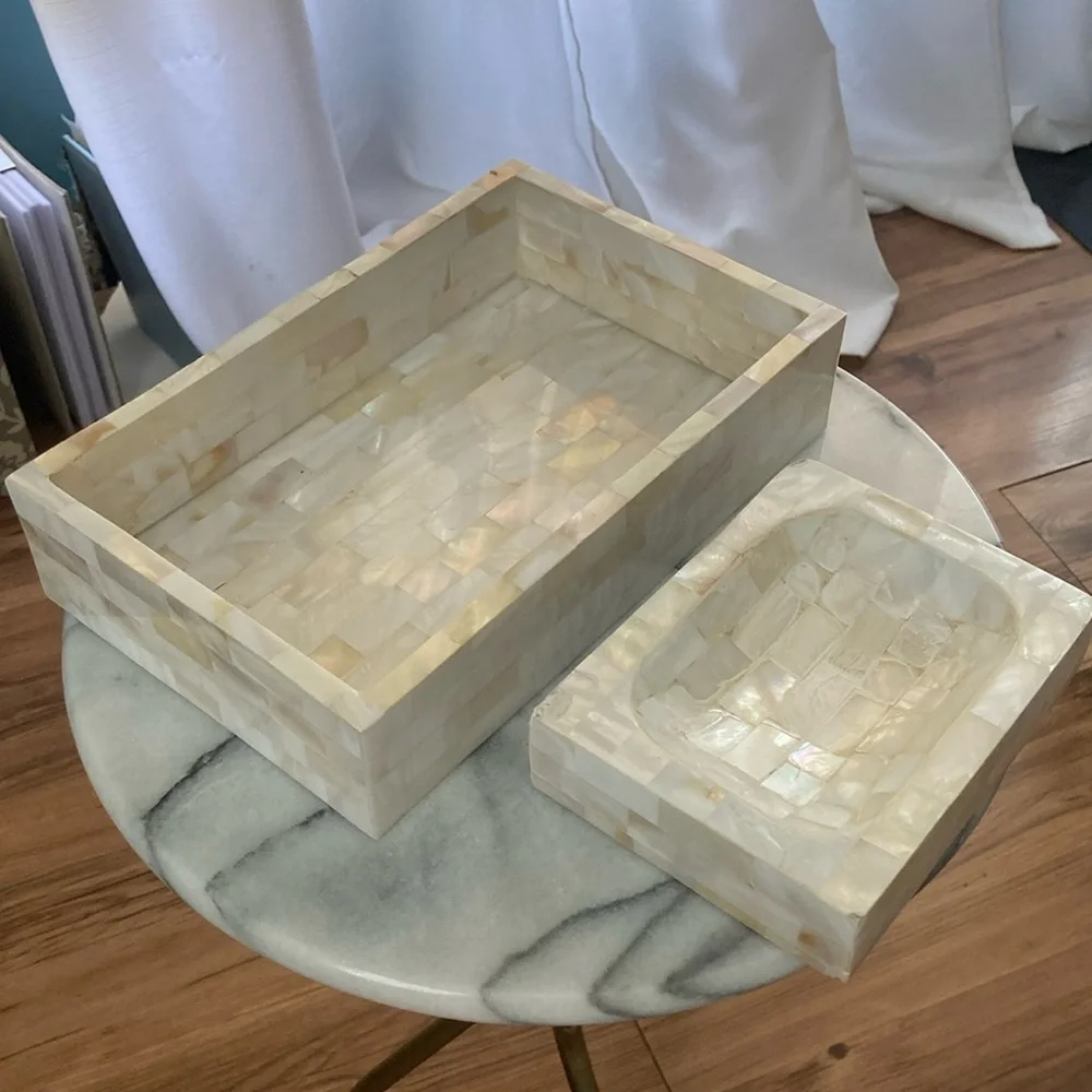 Vintage iridescent shell bathroom set tray and soap tray